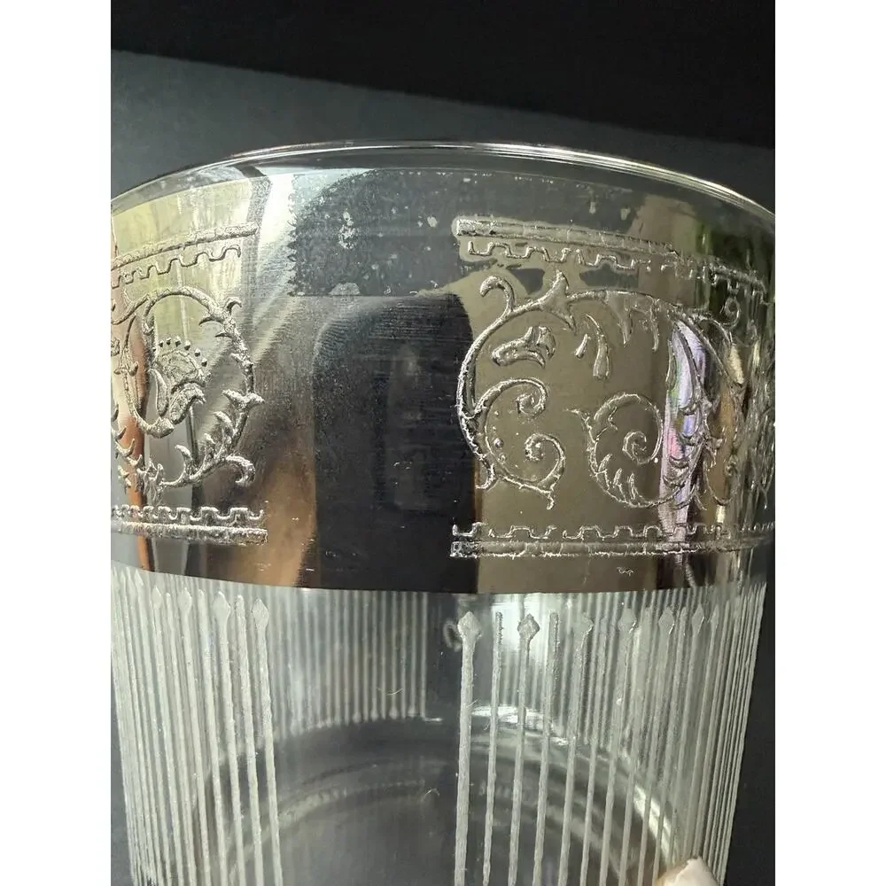 Vintage Starlyte (6) Glasses (1) Ice Bucket Set Clear Silver Rim Band Retro MCM
